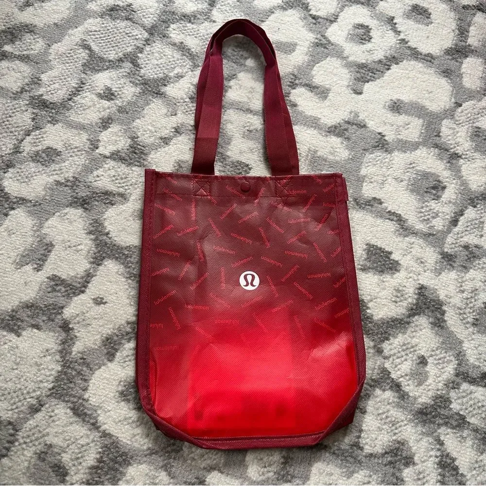 Lululemon Small Red Ombre Reusable Shopping Tote Bag Snap Top Logo Travel Lunch